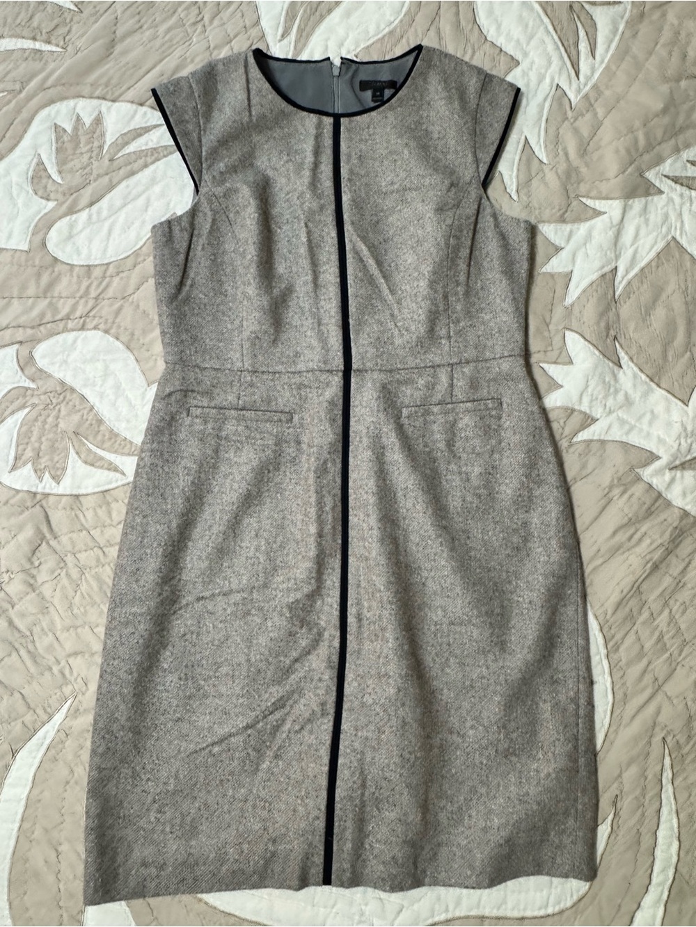 J. Crew Cap Sleeve Heather Gray Sheath Dress with Contrasting Navy Trim